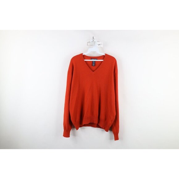 Vtg 90s Lands End Womens Large Blank Soft Cashmere Knit V-Neck Sweater  Orange